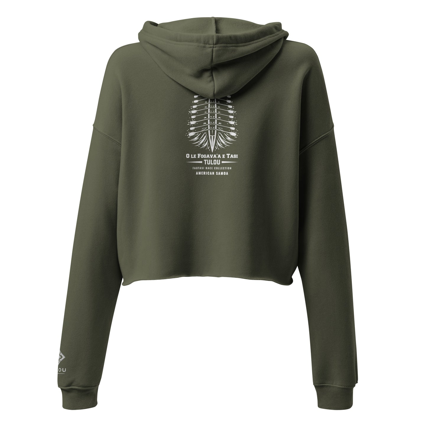green hoodie with Fautasi design on the back on a white background