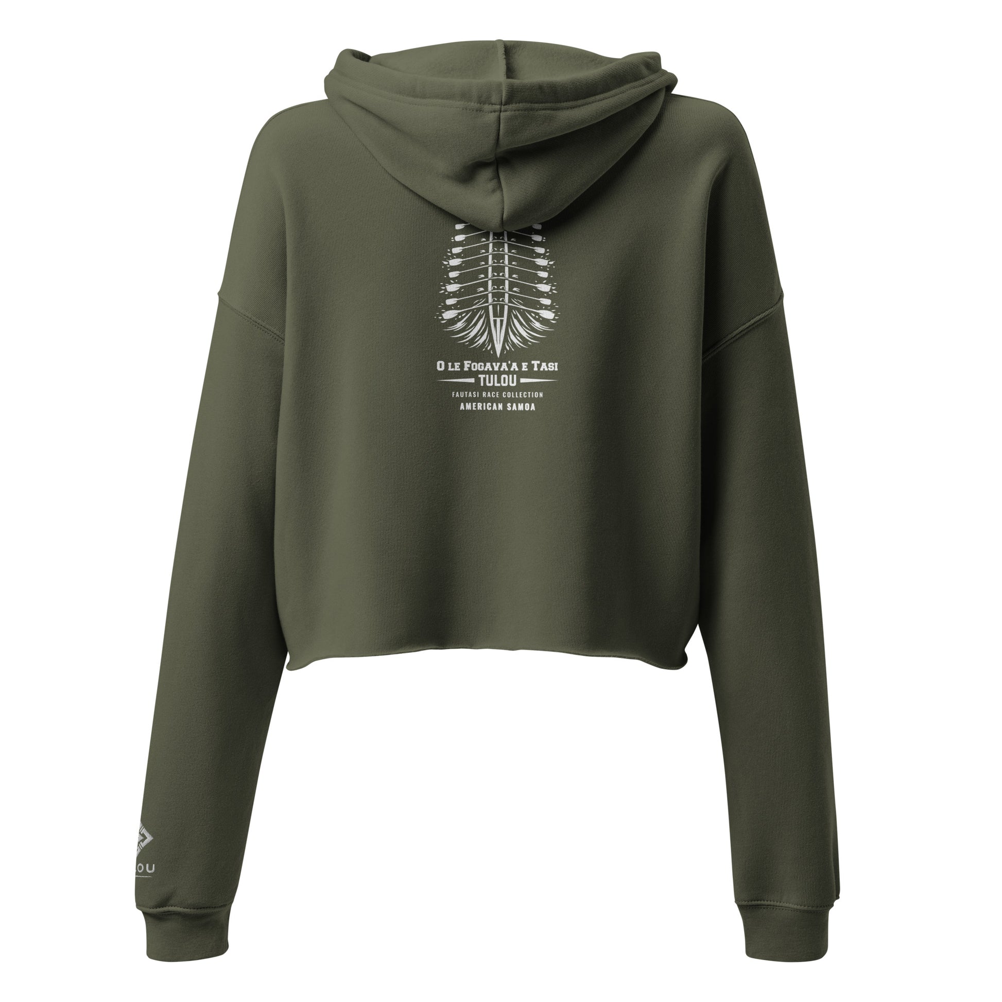 green hoodie with Fautasi design on the back on a white background