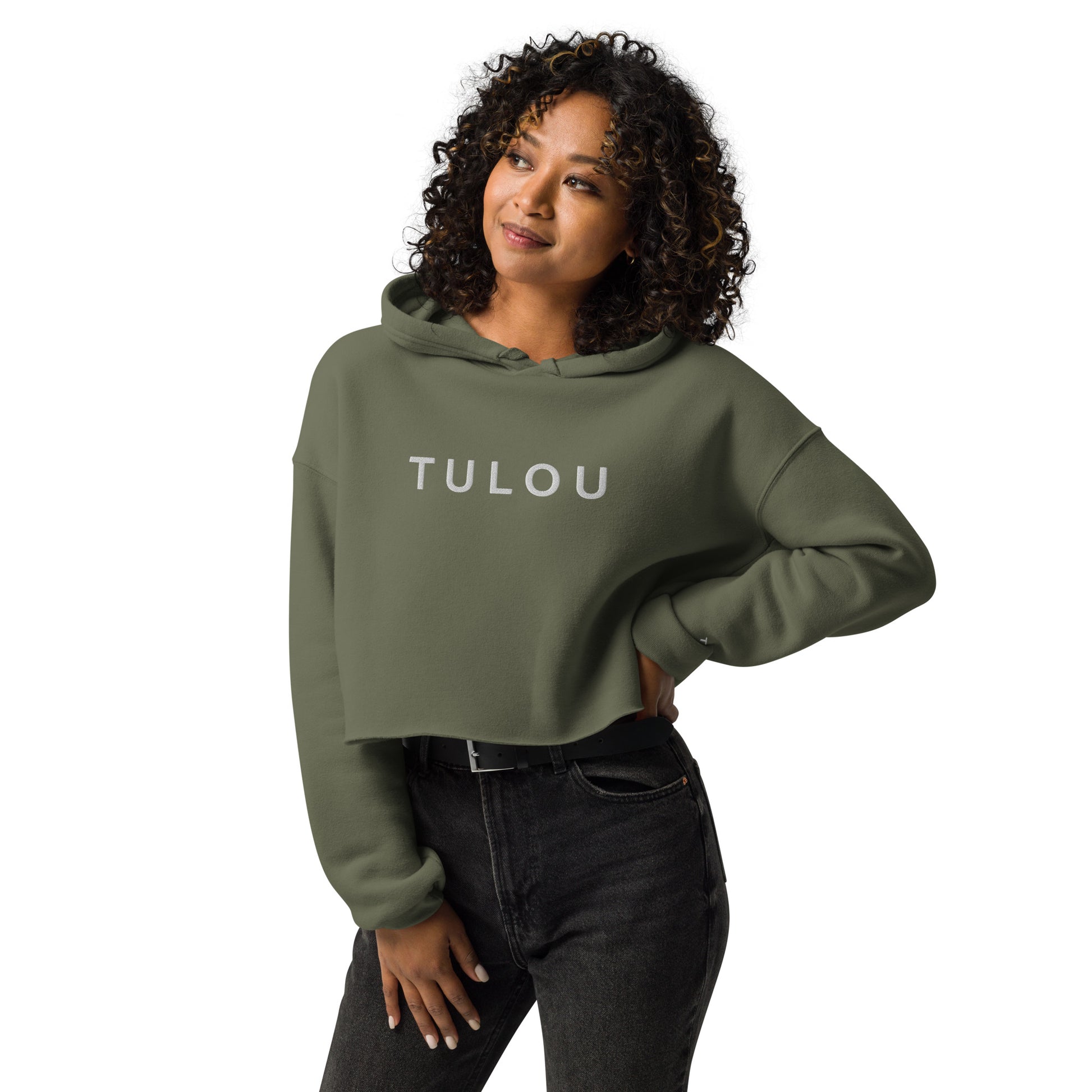 Military green Women's Cropped hoodie with Tulou brand
