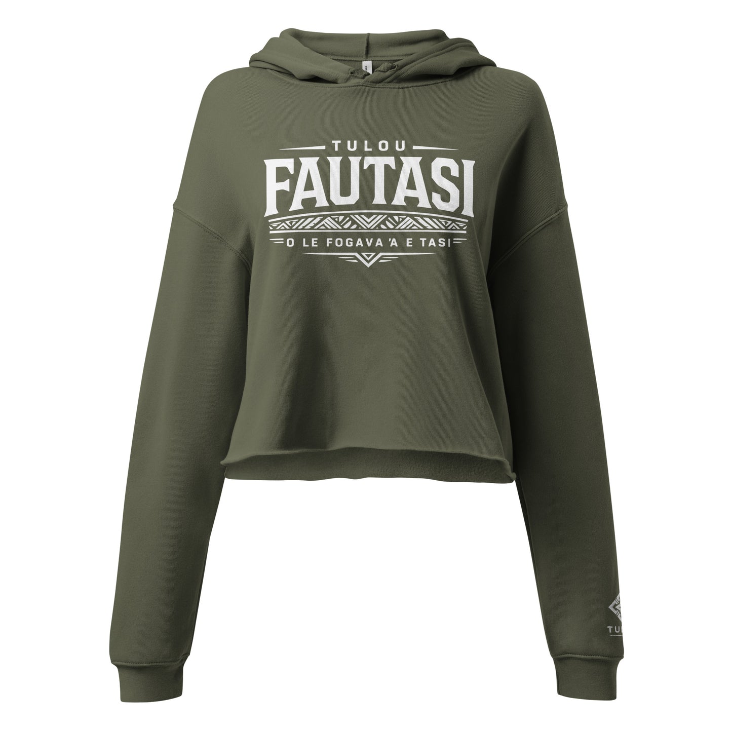 Green women's cropped hoodie with Fautasi word design on a white background