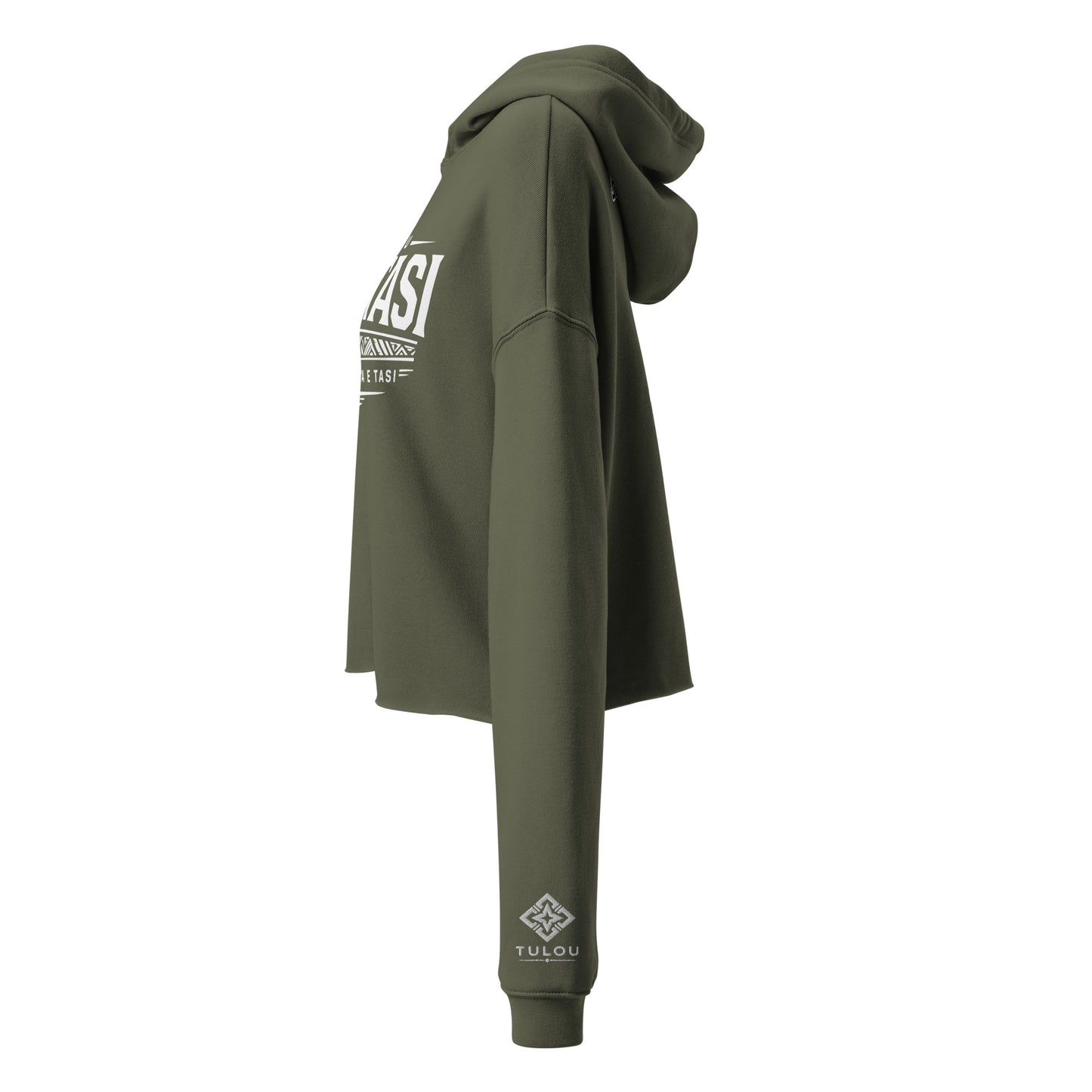 Green hoodie with a logo on the wrist arm sleeve against a white background