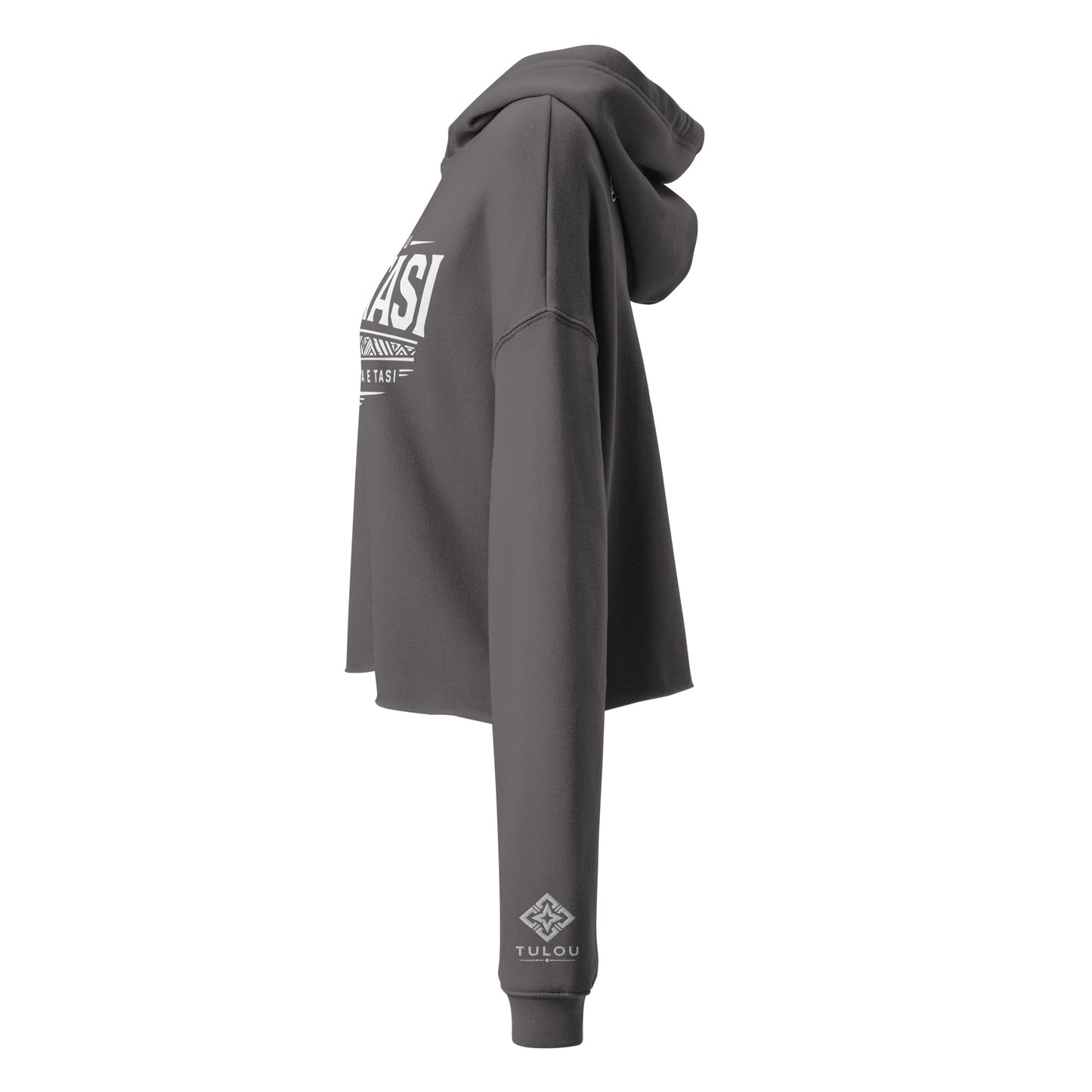 Gray cropped hoodie with logo on left wrist on a white background
