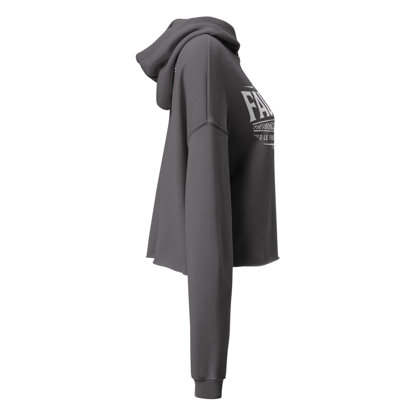 Grey cropped hoodie right sleeve view against a white background